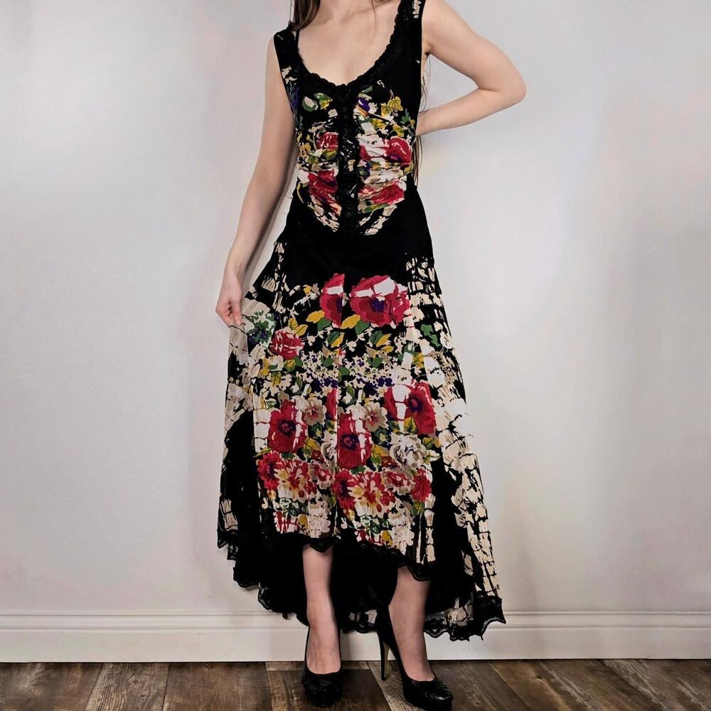 Y2K Romantic Floral Mesh Maxi Dress Ruched  Bodycon Slip Dress Lace Tirm Euro